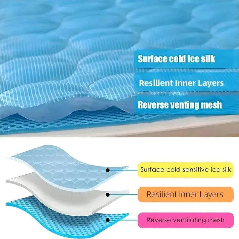 Cooling pet mat with ice silk layers and breathable mesh for dogs and cats.