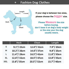 Winter pet dog vest jacket size guide for small to medium dogs and cats with measurements for neck, chest, and length.