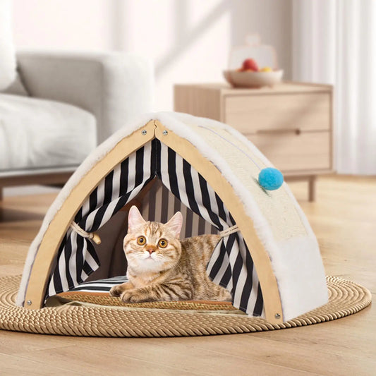 "Portable cat tent house bed with breathable fabric and hanging toy for cozy cat naps"