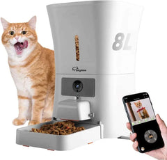 Smart WiFi pet feeder with HD camera, remote control, and 12L capacity.