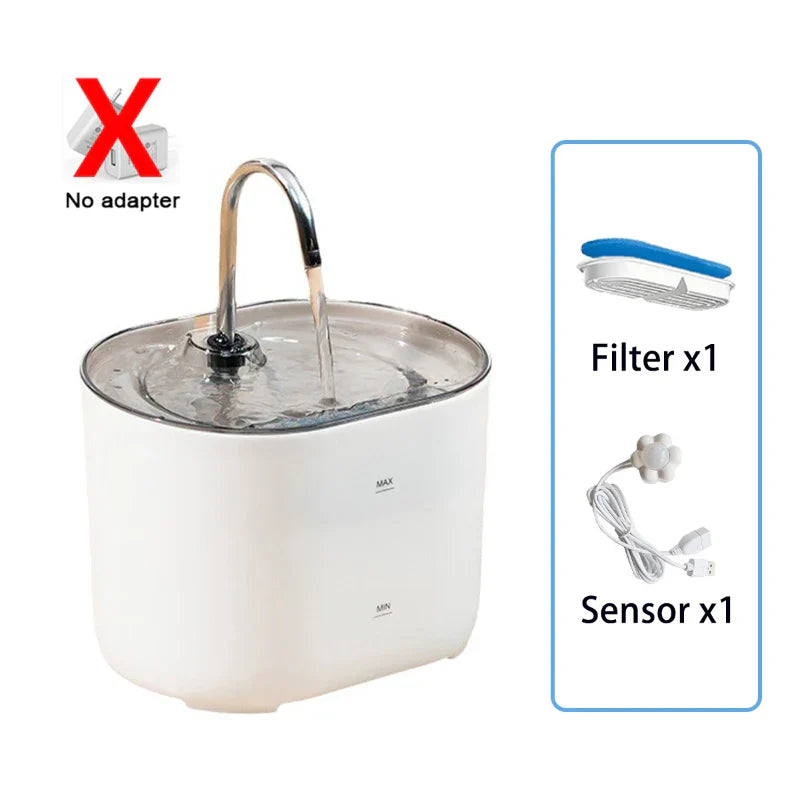 Stainless steel automatic pet water fountain with cycle filters and ultra-silent pump, designed for cats and dogs to ensure fresh drinking water.