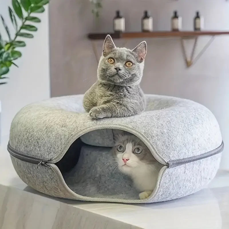 Round cat bed house with soft plush cushion, featuring a cozy design and non-slip base, perfect for cats and small dogs.
