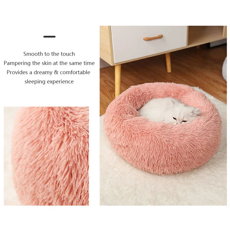 "Round plush pet bed in soft fabric, ideal for keeping pets warm in winter"machine washable dog beds