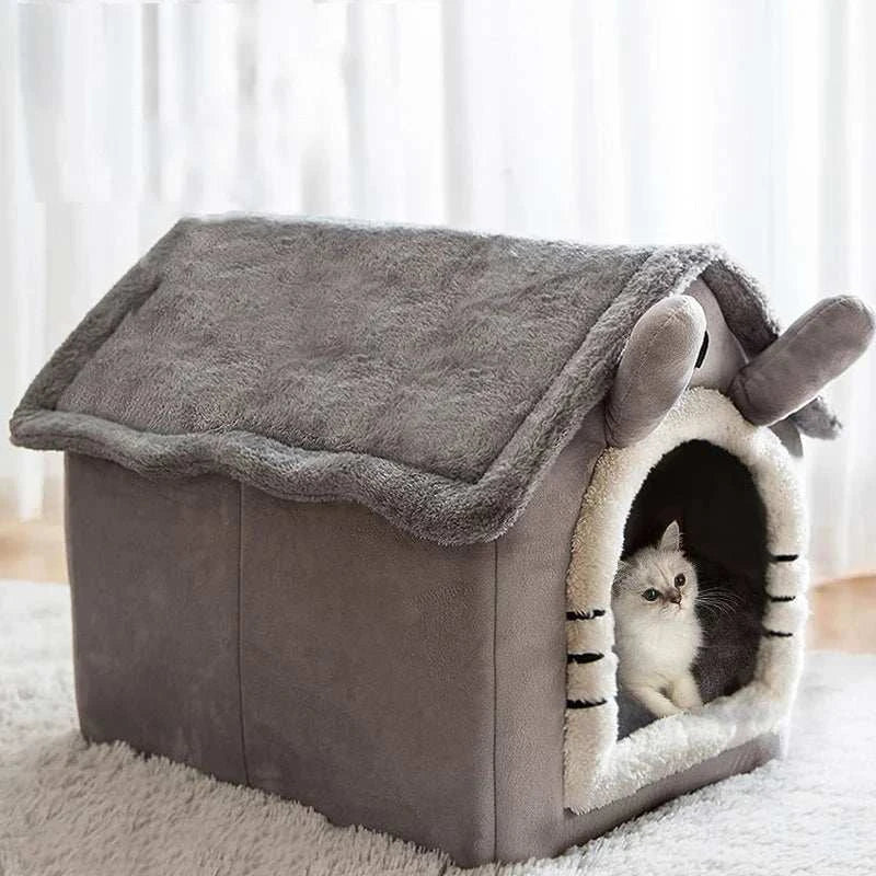Indoor warm dog house with removable cushion, cozy pet bed tent for all sizes.