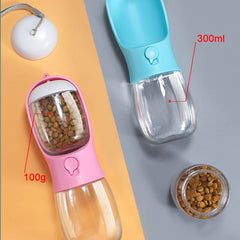 "2-in-1 portable pet water and food dispenser bottle, 300ml, for dogs and cats on the go"