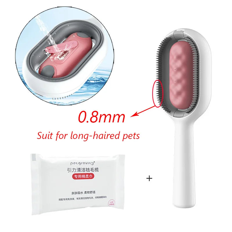 "Double-sided pet hair removal brush for cats and dogs with grooming wipes"