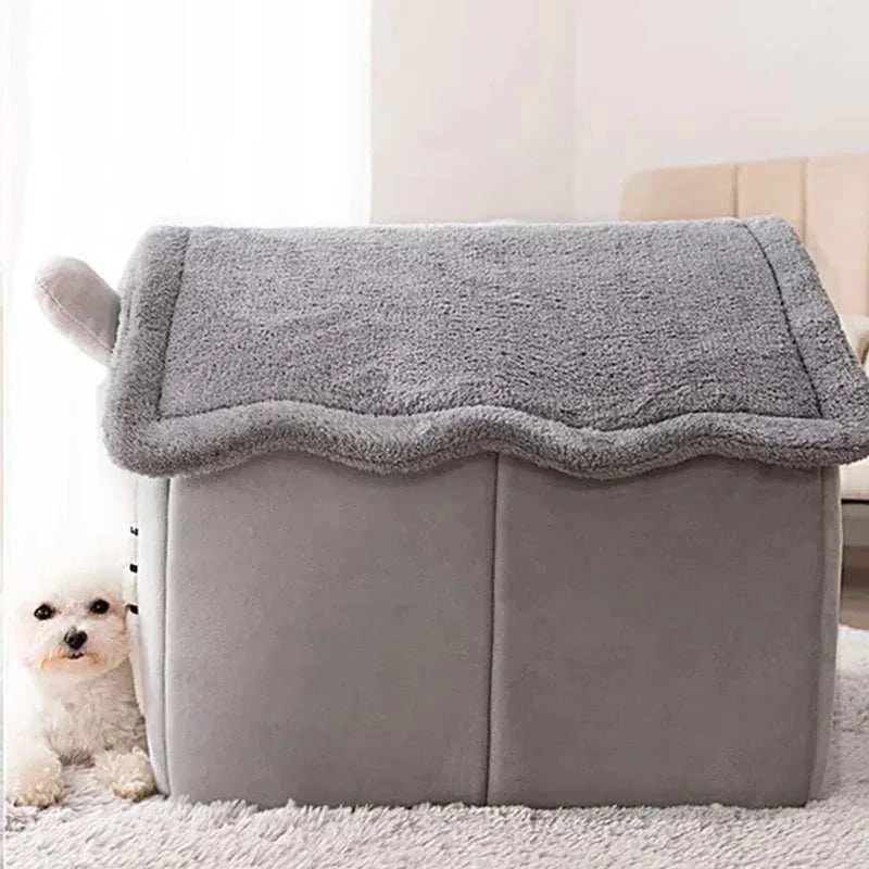 Indoor warm dog house with soft fabric and removable cushion.