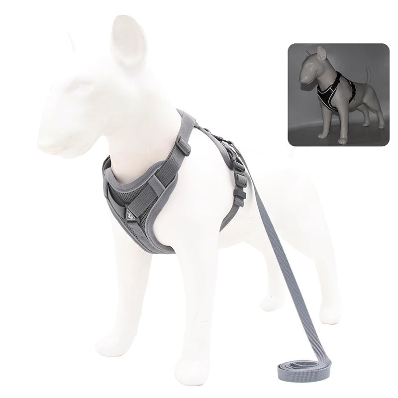Adjustable Dog Harness Leash Set with reflective design for small and medium dogs, perfect for French Bulldogs and Yorkies.