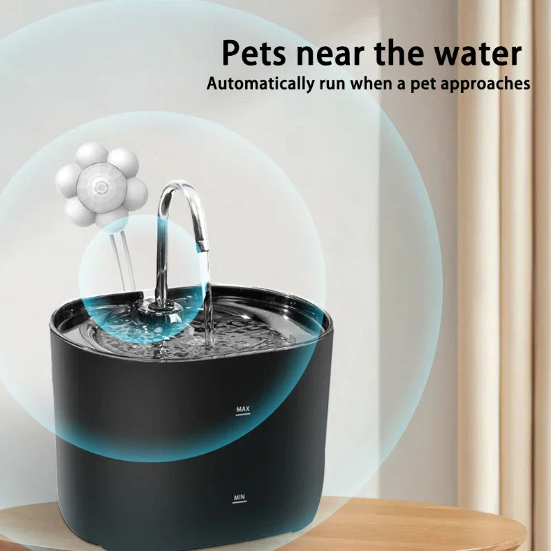Stainless steel automatic pet water fountain with cycle filters and ultra-silent pump, designed for cats and dogs to ensure fresh drinking water.