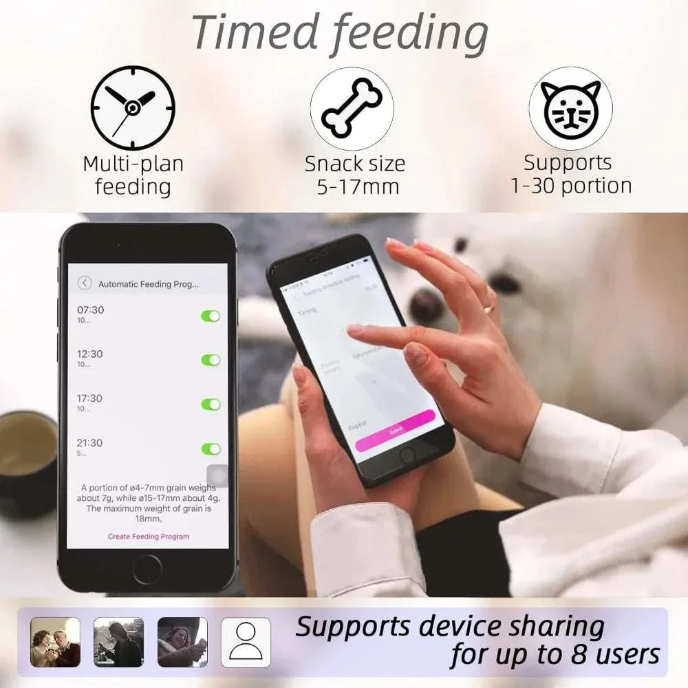 Smart WiFi pet feeder featuring timed feeding schedules on mobile app, supports multiple users.