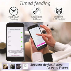 Smart WiFi pet feeder featuring timed feeding schedules on mobile app, supports multiple users.