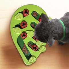 Interactive green leaf shaped slow feeder puzzle toy for cats, promoting healthy eating and mental stimulation.