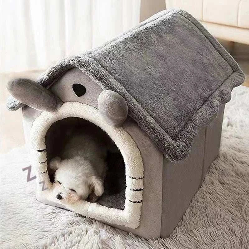 Soft pet bed tent house for dogs and cats with cushion, cozy indoor kennel design.