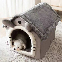 Soft pet bed tent house for dogs and cats with cushion, cozy indoor kennel design.