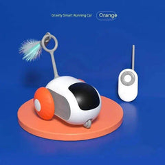 Interactive wireless remote control electric cat toy with gravity sports car design on orange base.