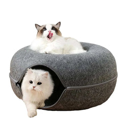 "Donut cat bed with interactive tunnel for playful indoor cats"