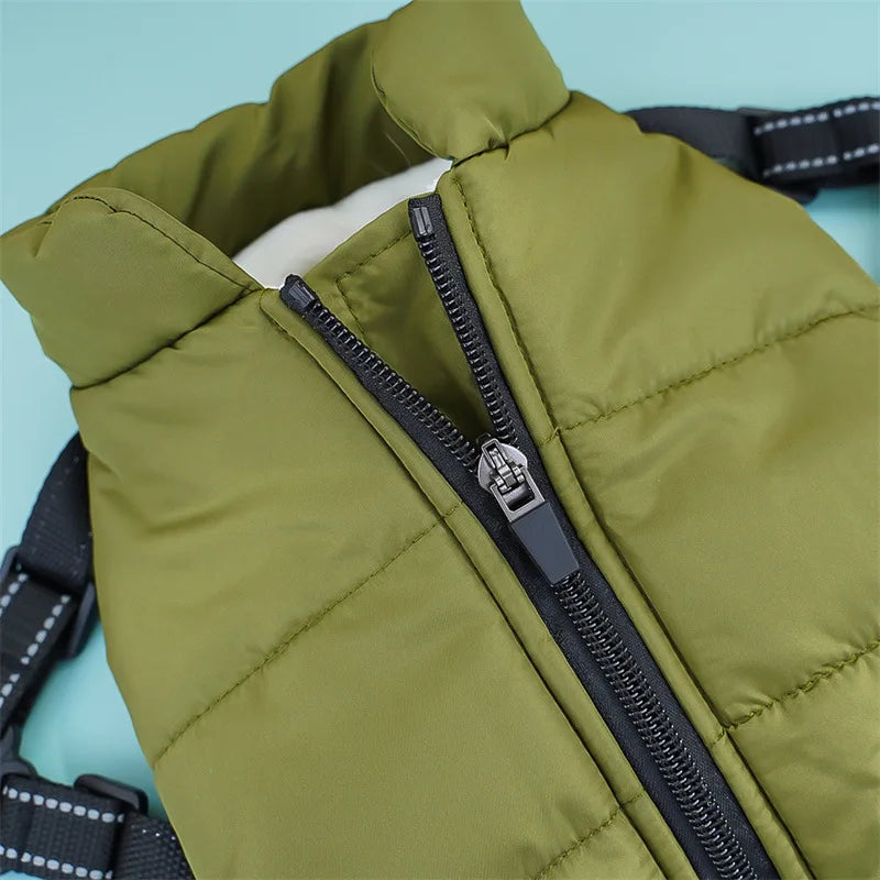 "Large waterproof dog jacket with harness for winter warmth"