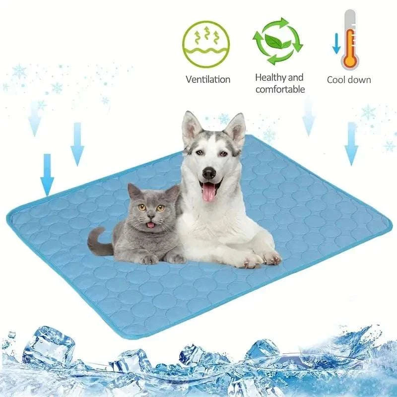 Extra large summer pet cold bed cooling mat with dog and cat relaxing.