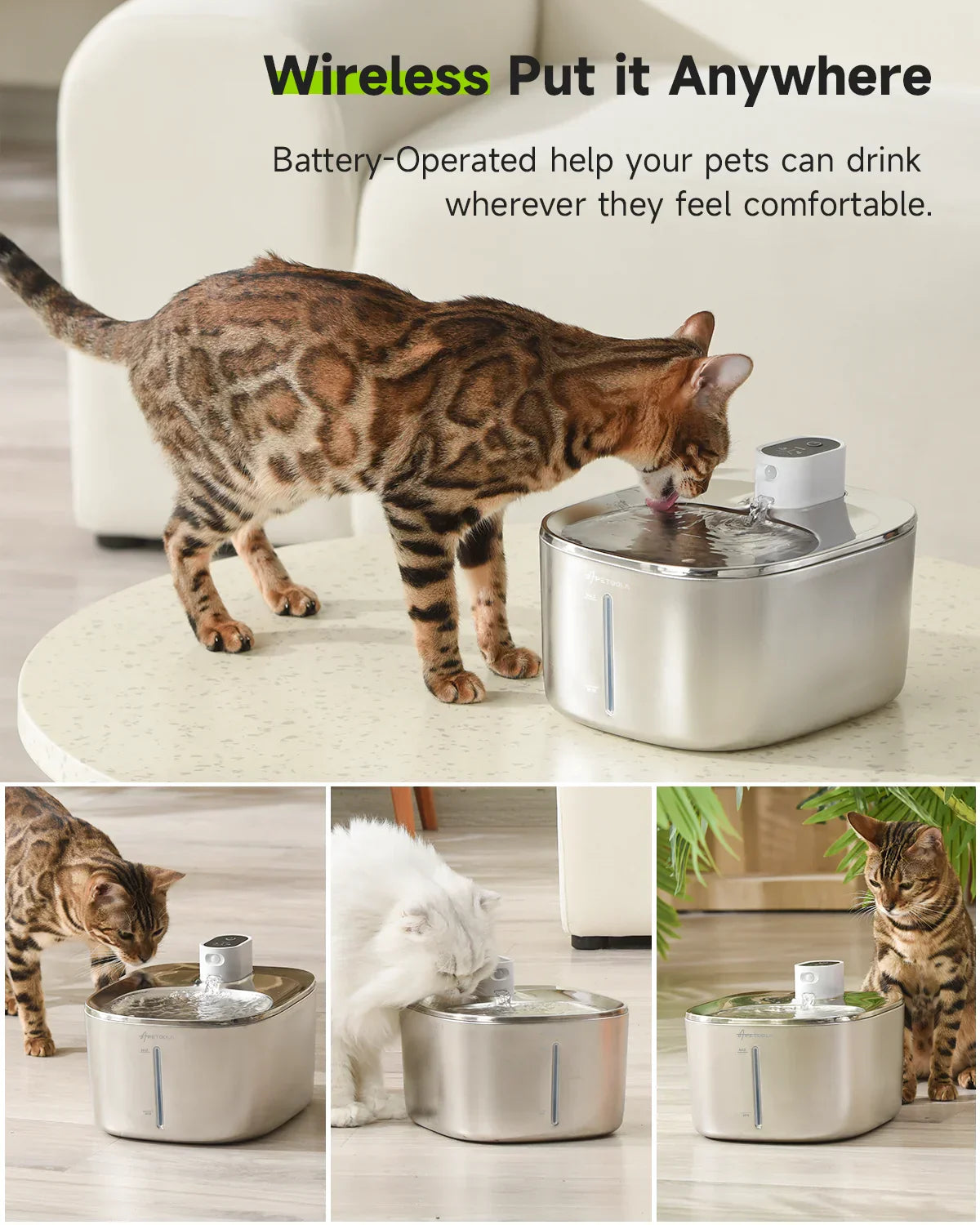 "APETDOLA 4L wireless cat water fountain with auto sensor for fresh automatic dog water bowl pet drinking water"