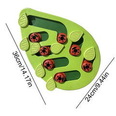 Green leaf shaped slow feeder puzzle toy for cats, interactive design for mental stimulation and healthy eating habits.