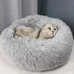 Super warm cat bed with long plush cushion for cats and small dogs.