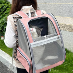 "Breathable canvas cat backpack with mesh panels for airflow and comfort"
