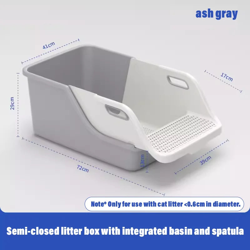 "Extra large semi-closed cat litter pan with anti-splash design for easy maintenance"