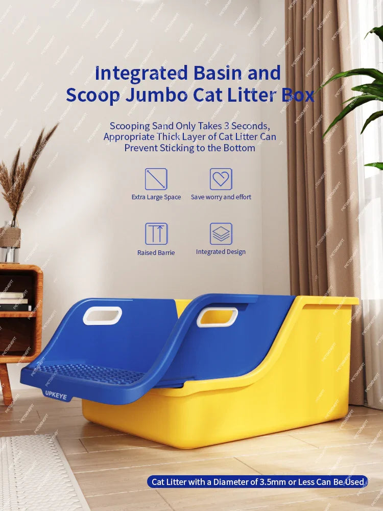 "Extra large semi-closed cat litter pan with anti-splash design for easy maintenance"