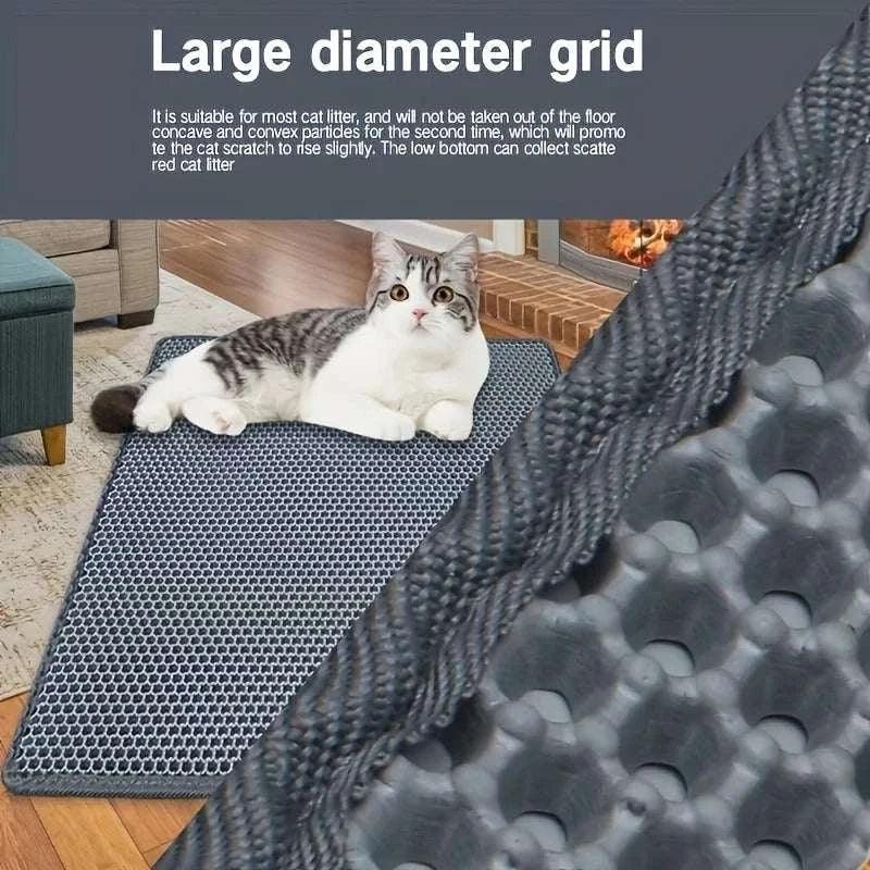 Large cat on waterproof litter trapping mat with double-layer design and non-slip backing.