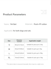 "Round plush pet bed in soft fabric, ideal for keeping pets warm in winter"machine washable dog beds