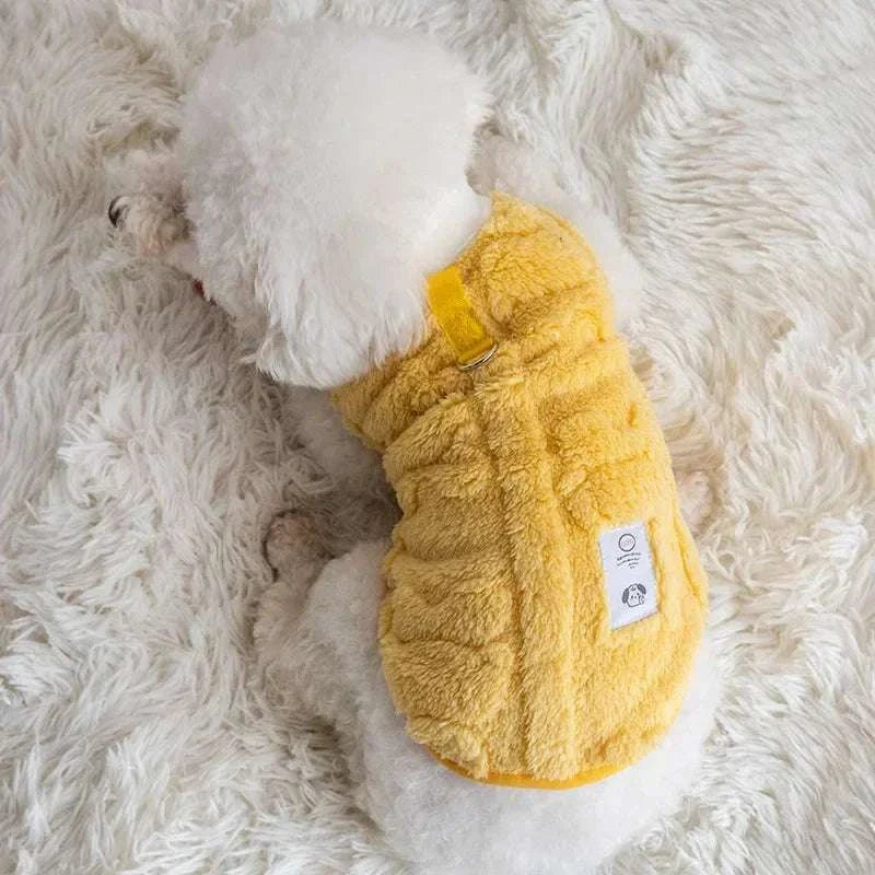 Yellow soft fleece dog sweater for small dogs featuring a solid pattern, ideal for autumn.
