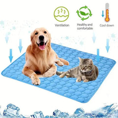 Cooling pet mat with breathable ice silk for dogs and cats, ideal for summer.