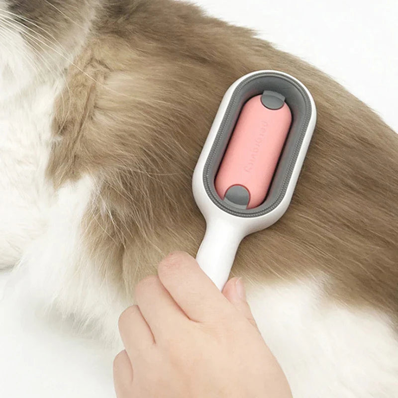 "Double-sided pet hair removal brush for cats and dogs with grooming wipes"