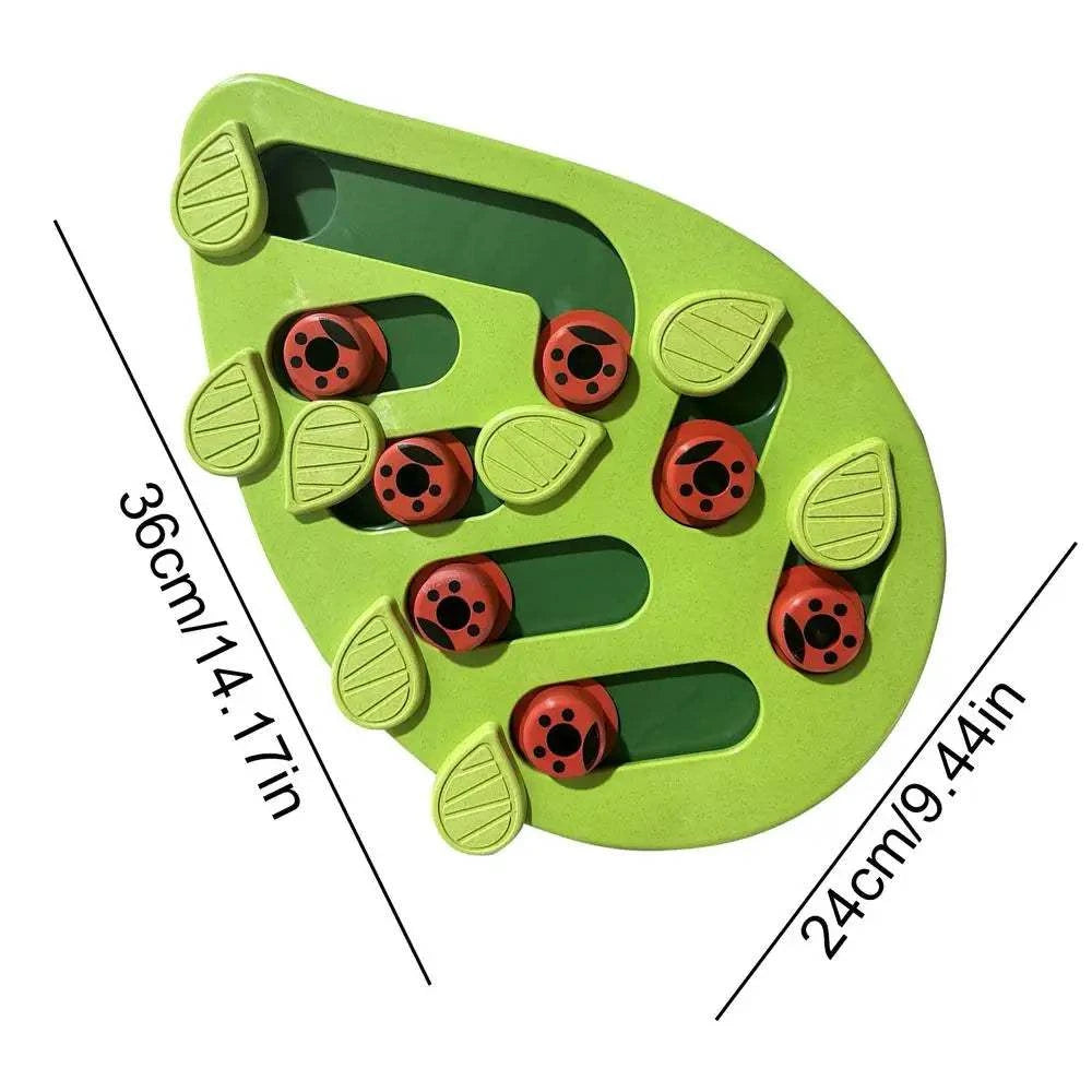 Green leaf shaped slow feeder puzzle toy for cats, interactive and chew-friendly design, 36cm x 24cm.