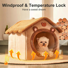 Foldable pet house with removable dog bed for cats and small dogs, washable and portable.
