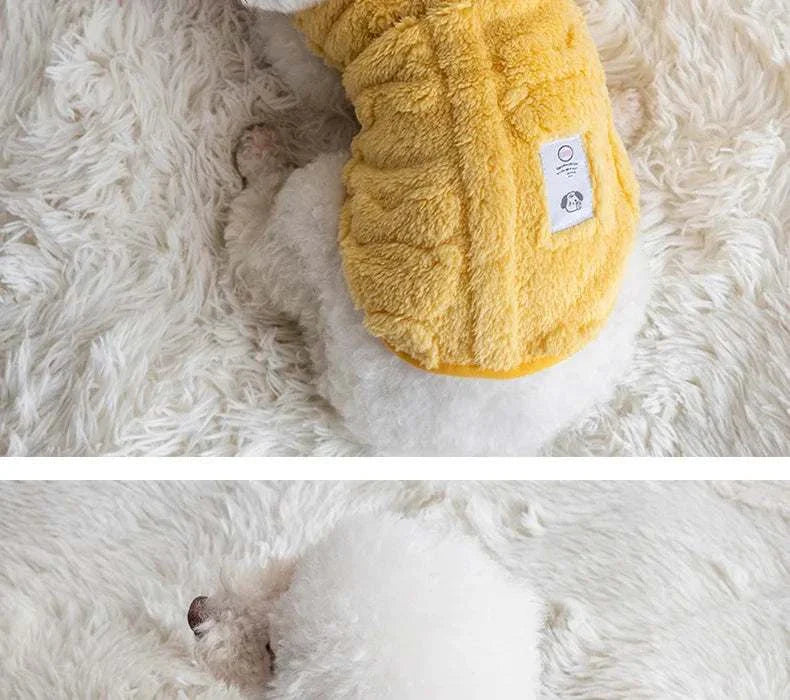 Soft fleece dog sweater in yellow on a small white dog, ideal for winter warmth.