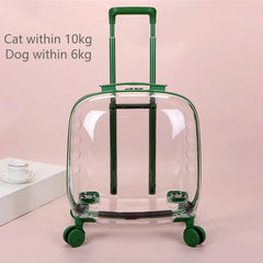 "Rolling pet travel trolley with wheels and transparent capsule carrier in pink and green"