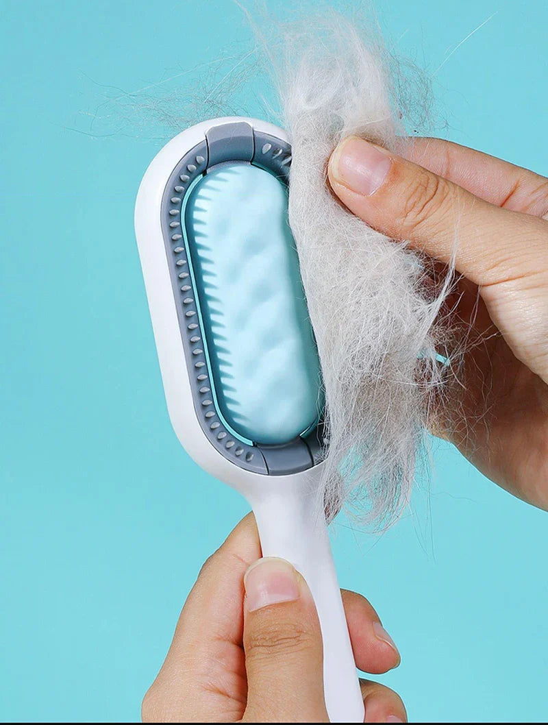 "Double-sided pet hair removal brush for cats and dogs with grooming wipes"