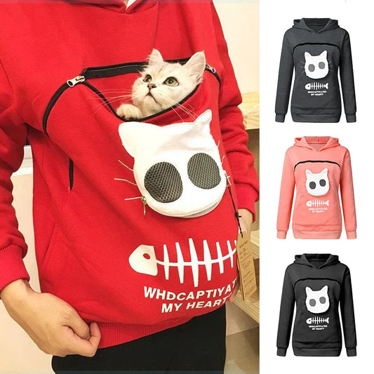 kangaroo pocket & animal ear pullover Cat lovers hoodie with kangaroo pocket and animal ears, designed for cuddling pets, offering comfort and style for pet owners.