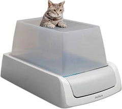 "Front entry self-cleaning cat litter box with disposable crystal tray" front doors