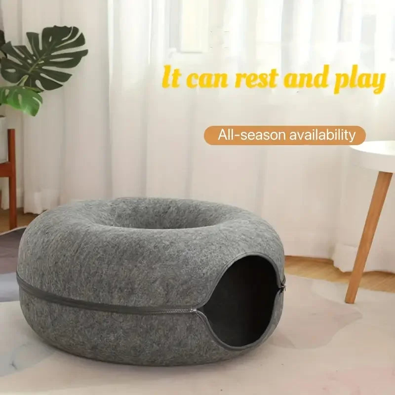 Round plush cat bed house with soft cushion, perfect for cats and small dogs, featuring a non-slip base and raised edges for support.