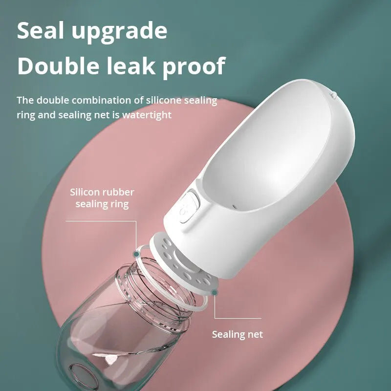 Portable pet travel water bottle with double leak-proof design for outdoor use.