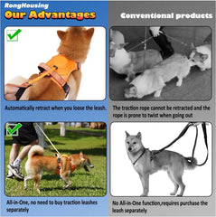 Dog Harness and Retractable Leash Set with adjustable, breathable design and anti-burst safety features.

