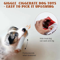 Dog playing with a sound-making cigarette box toy, featuring plush bite-resistant materials.