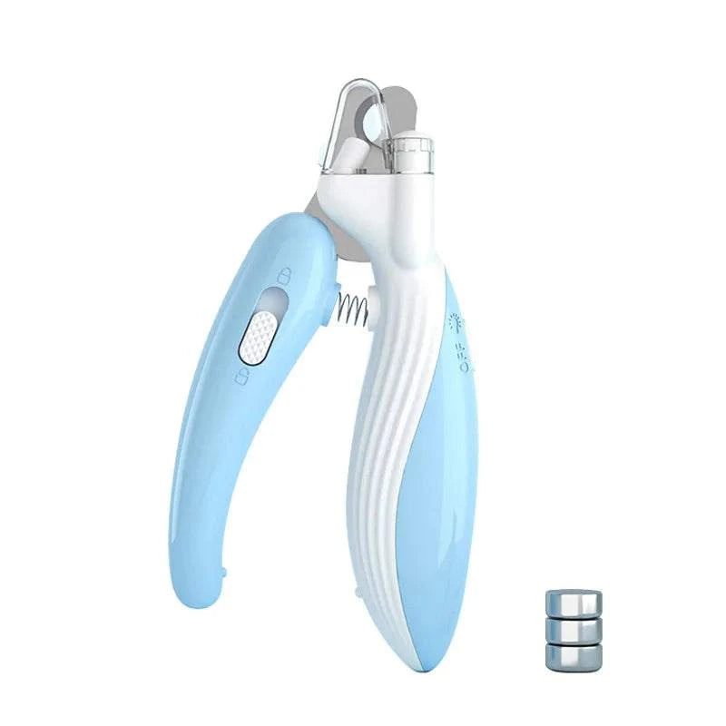 Professional pet nail clippers with LED light for safe grooming, ergonomic handle, and stainless steel blades.