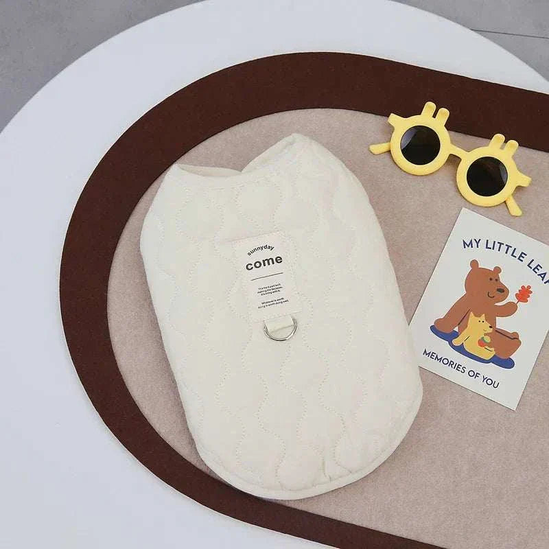 Winter pet dog vest jacket in warm cotton for small to medium dogs and cats, suitable for breeds like Yorkie, Chihuahua, Maltese, and Bulldog.
