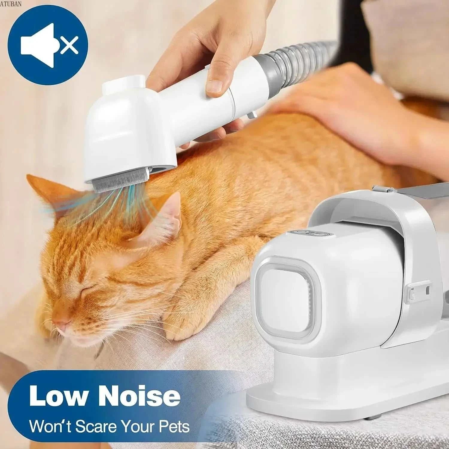 Pet grooming vacuum with brush attachment on a cat; low noise feature.