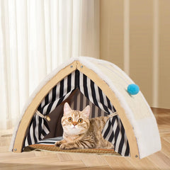 "Portable cat tent house bed with breathable fabric and hanging toy for cozy cat naps"