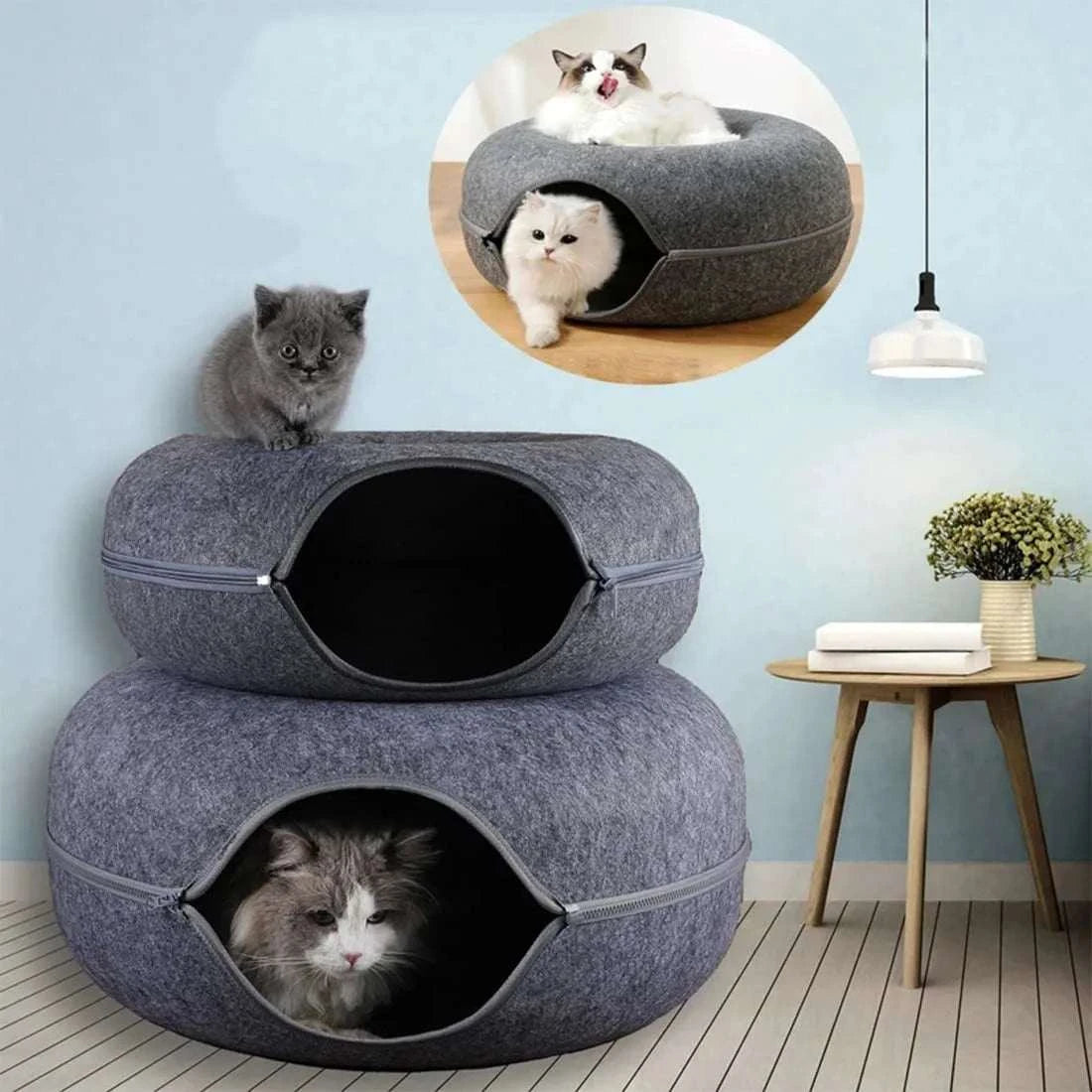 "Donut cat bed with interactive tunnel for playful indoor cats"