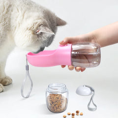 "2-in-1 portable pet water and food dispenser bottle, 300ml, for dogs and cats on the go"